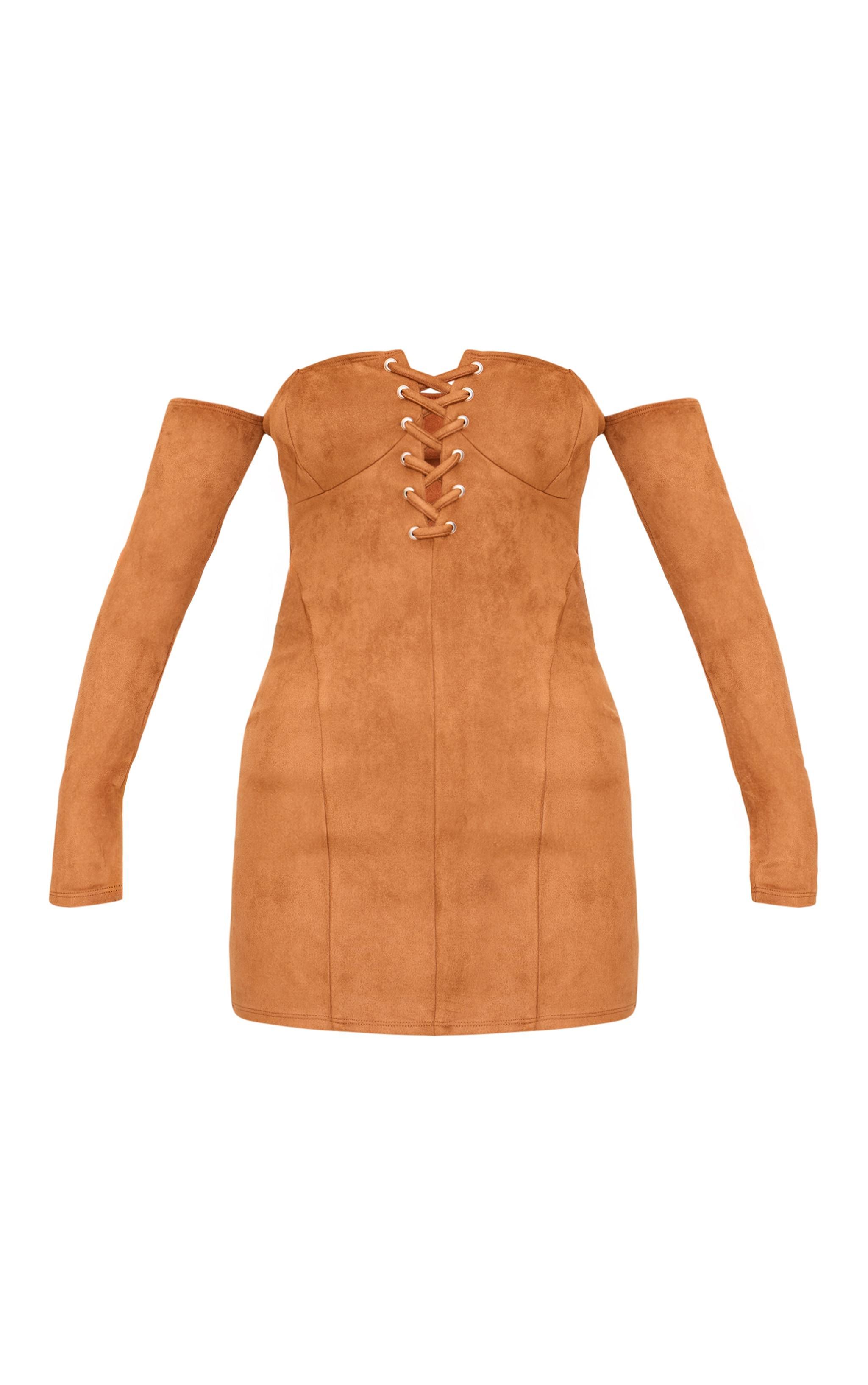 Tan Faux Suede Lace Up Detail Bardot Bodycon Dress Product Image