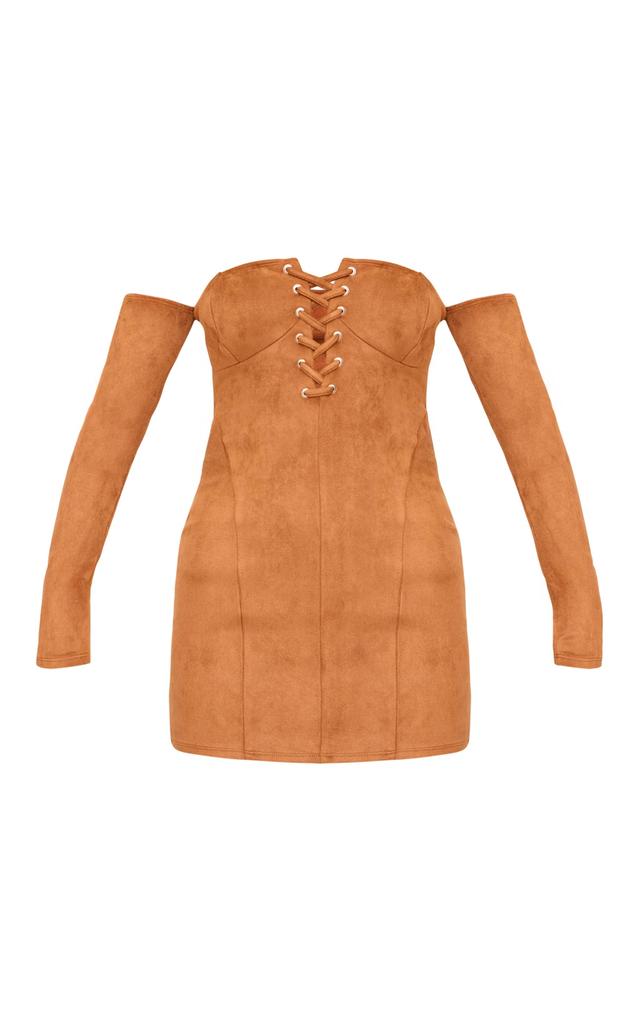 Tan Faux Suede Lace Up Detail Bardot Bodycon Dress Product Image