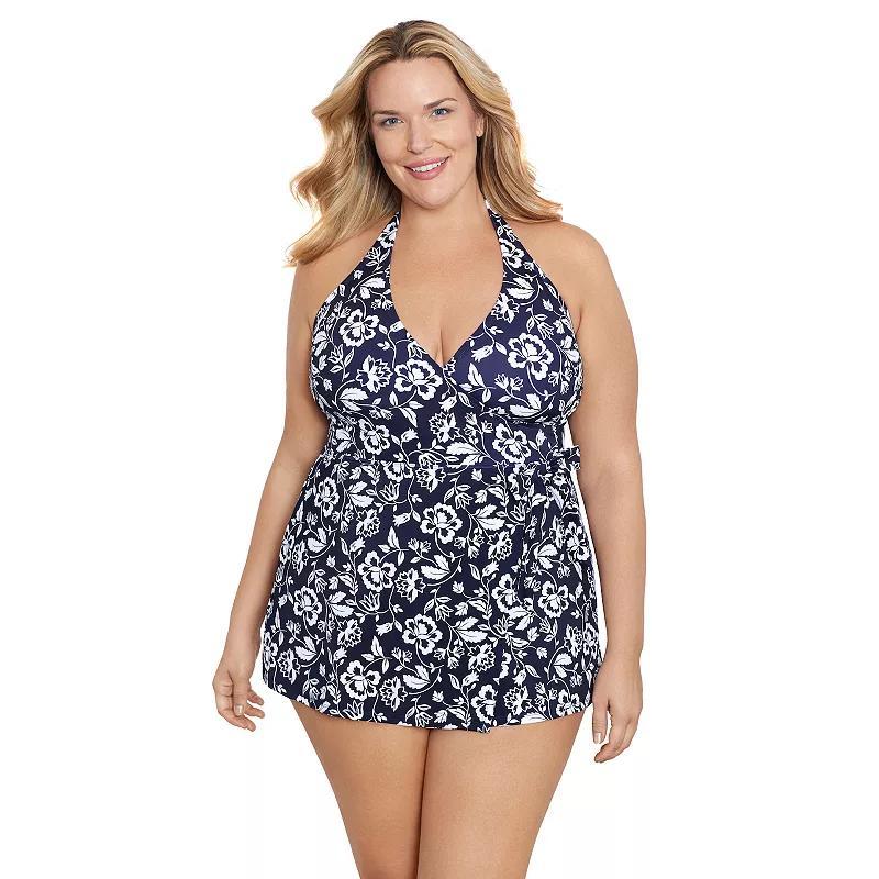 Plus Size Draper James Faux-Wrap Halter Swimdress, Womens Product Image