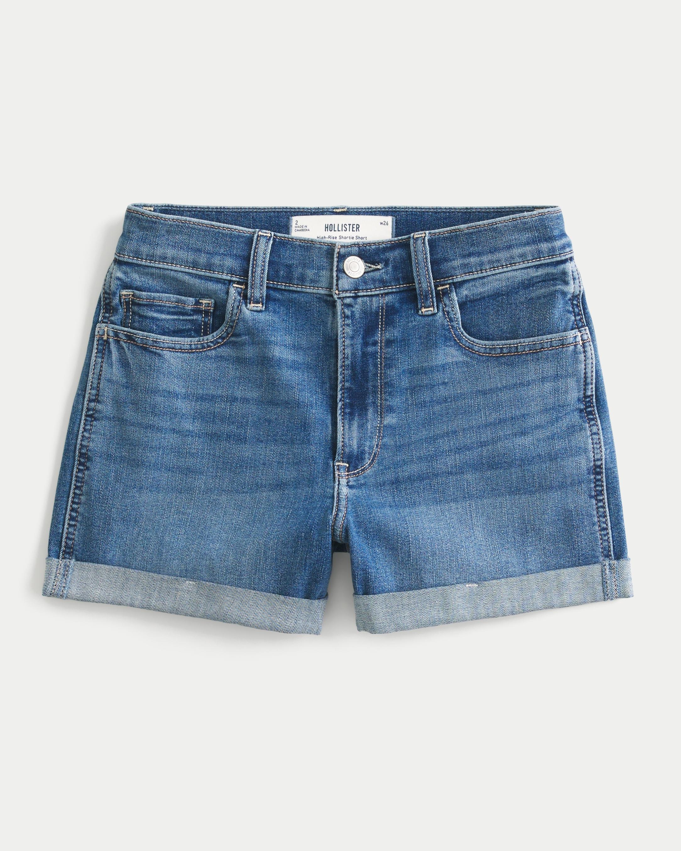 High-Rise Ripped Dark Wash Denim Shortie Shorts Product Image