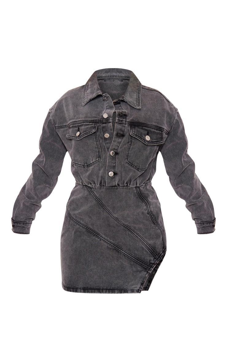 Washed Grey Seam Detail Curved Hem Denim Mini Dress Product Image