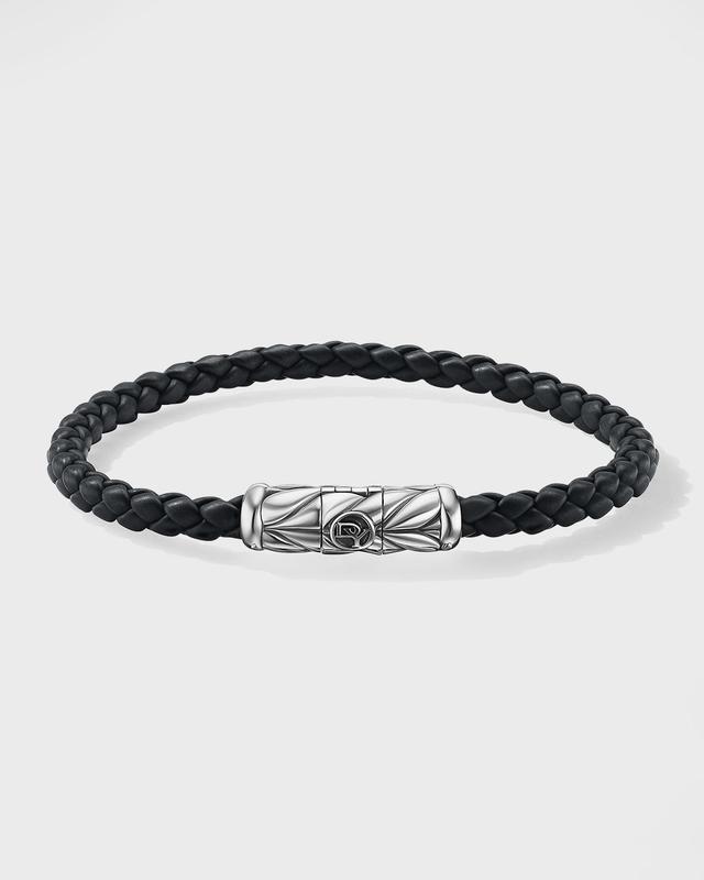 Mens Chevron Woven Bracelet in Black Rubber and Sterling Silver, 6mm Product Image