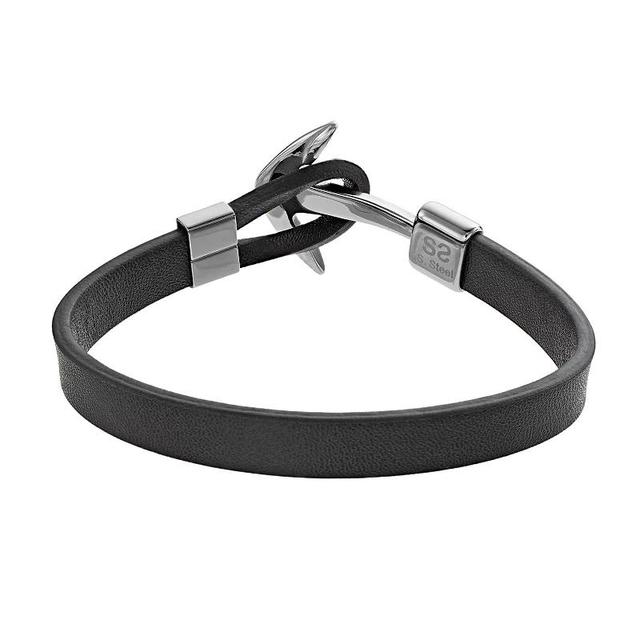 Mens Stainless Steel Black Leather Anchor Bracelet Product Image