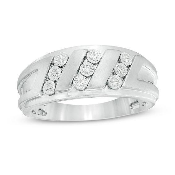 Men's 1/10 CT. T.w. Diamond Triple Row Slant Multi-Finish Ring in Sterling Silver Product Image