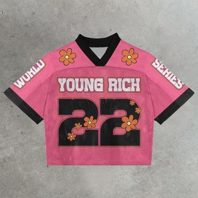 Vintage Daisy Young Rich Graphics Printed Cotton Football V-Neck T-Shirt Product Image