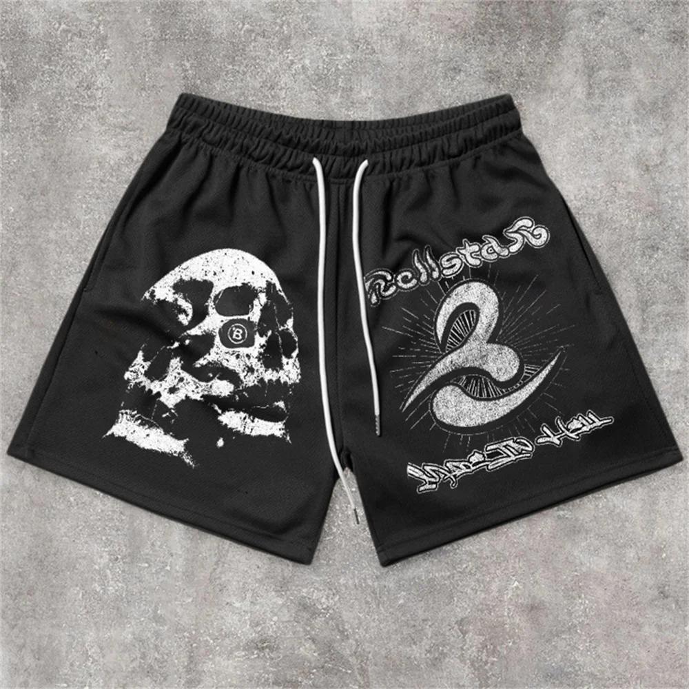 Sopula Vintage Hell Skull Print Graphic Street Mesh Shorts Product Image