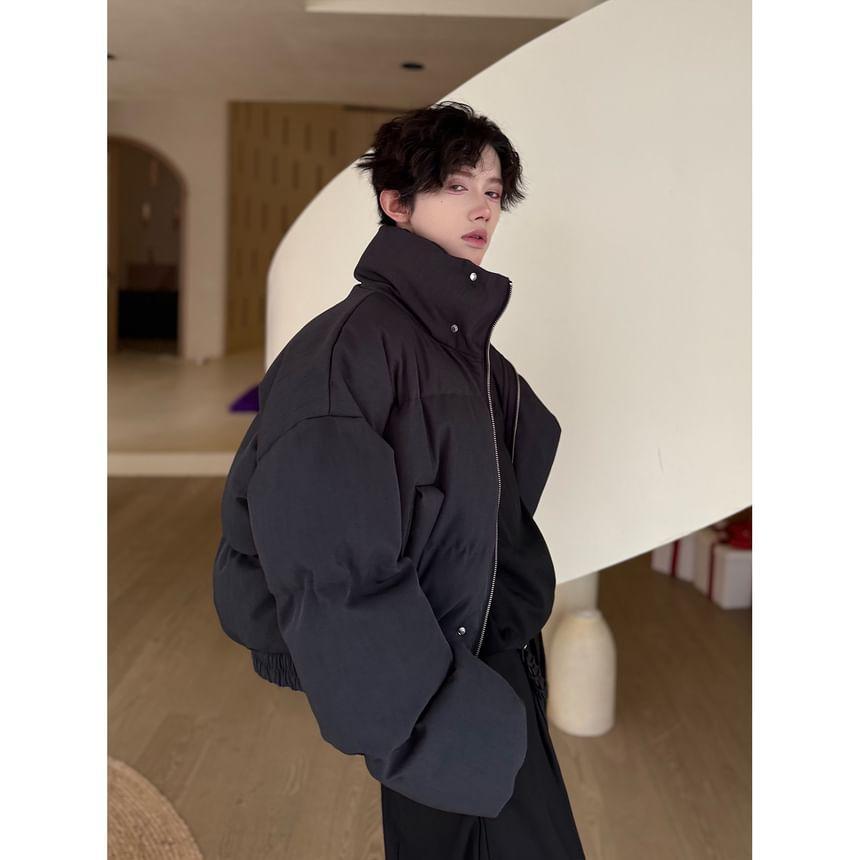 Stand Collar Plain Zip-Up Puffer Jacket Product Image