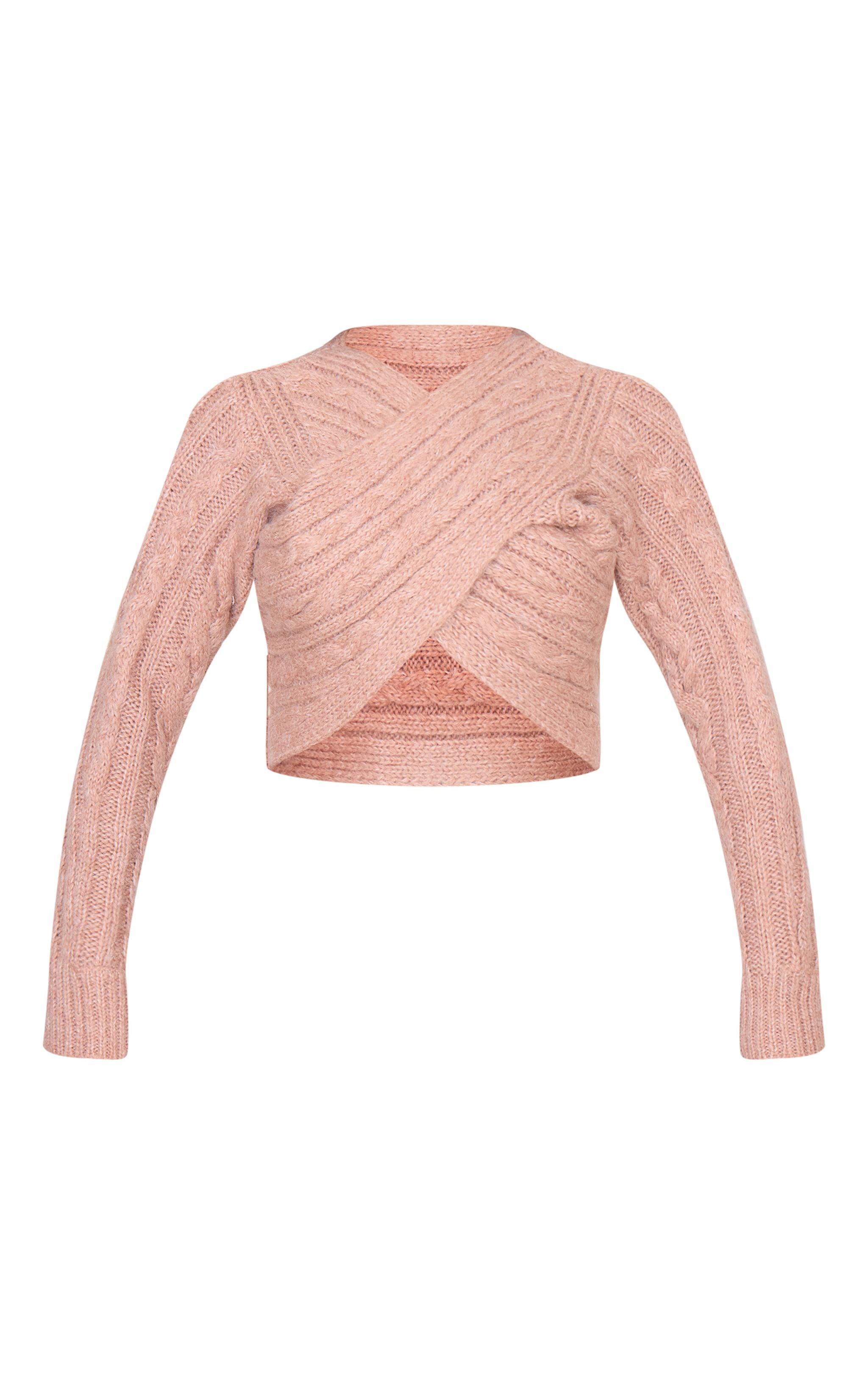 Brown Cable Knitted Wrap Front Cropped Sweater Product Image