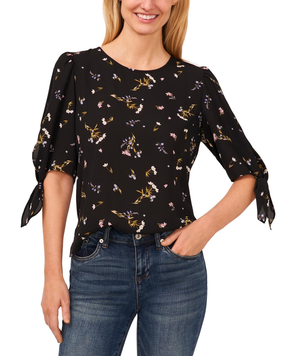 CeCe Womens Floral Print Tie Sleeve Crewneck Blouse Product Image