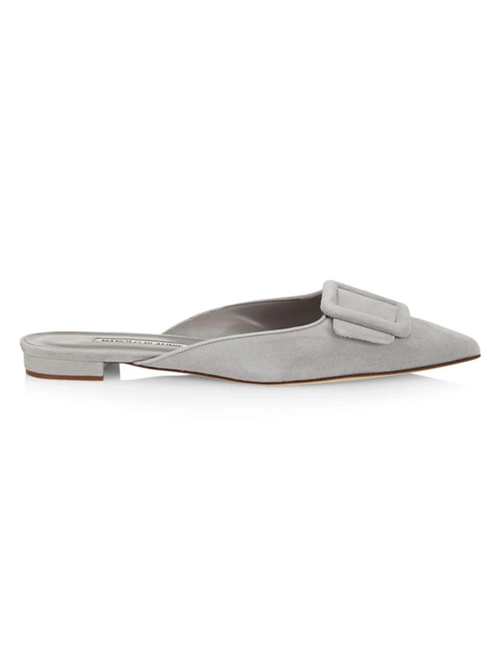 Maysale Buckled Suede Point-toe Flats In Grey Product Image