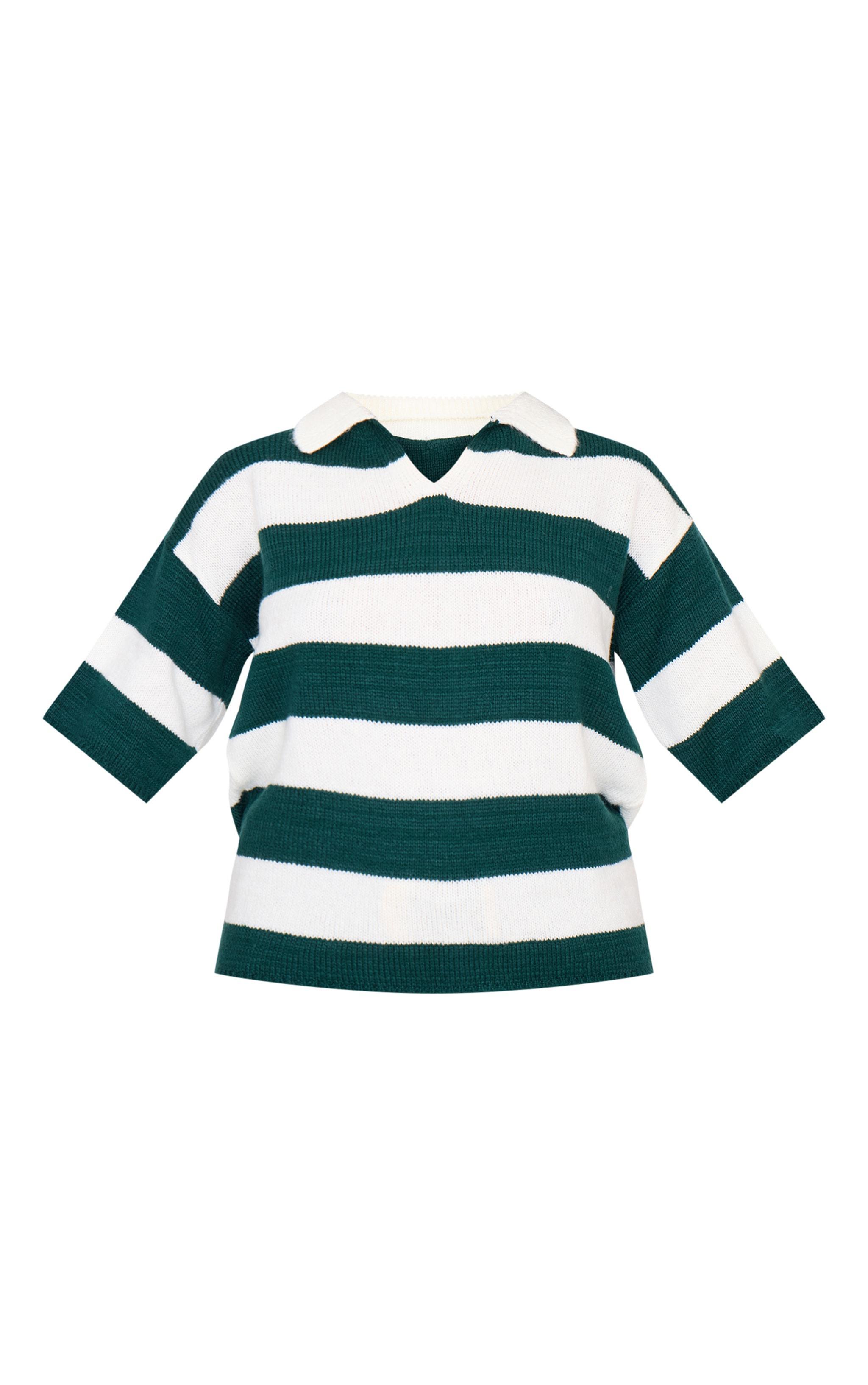 Green And White Stripe Knit V Neck Oversized Rugby Top Product Image