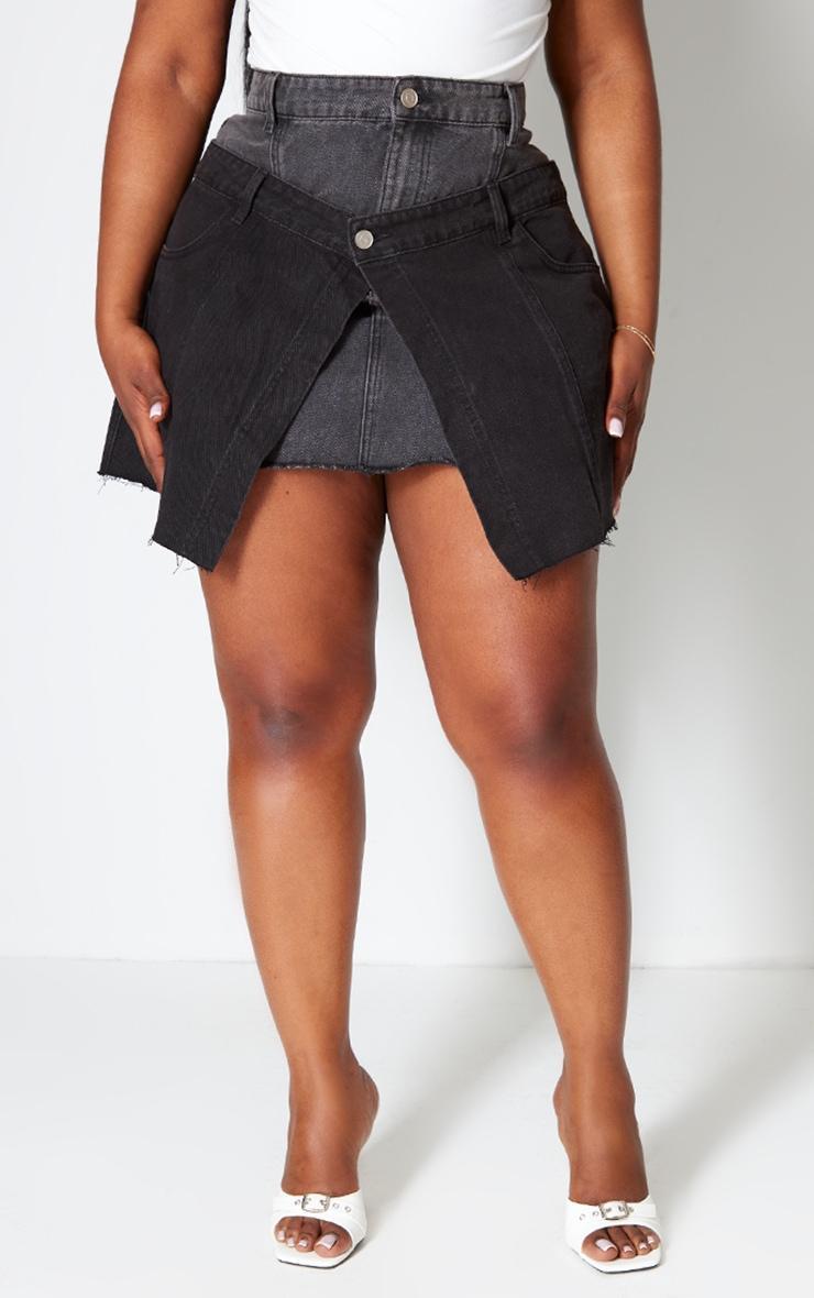 Plus Washed Black Deconstructed Panel Denim Mini Skirt Product Image