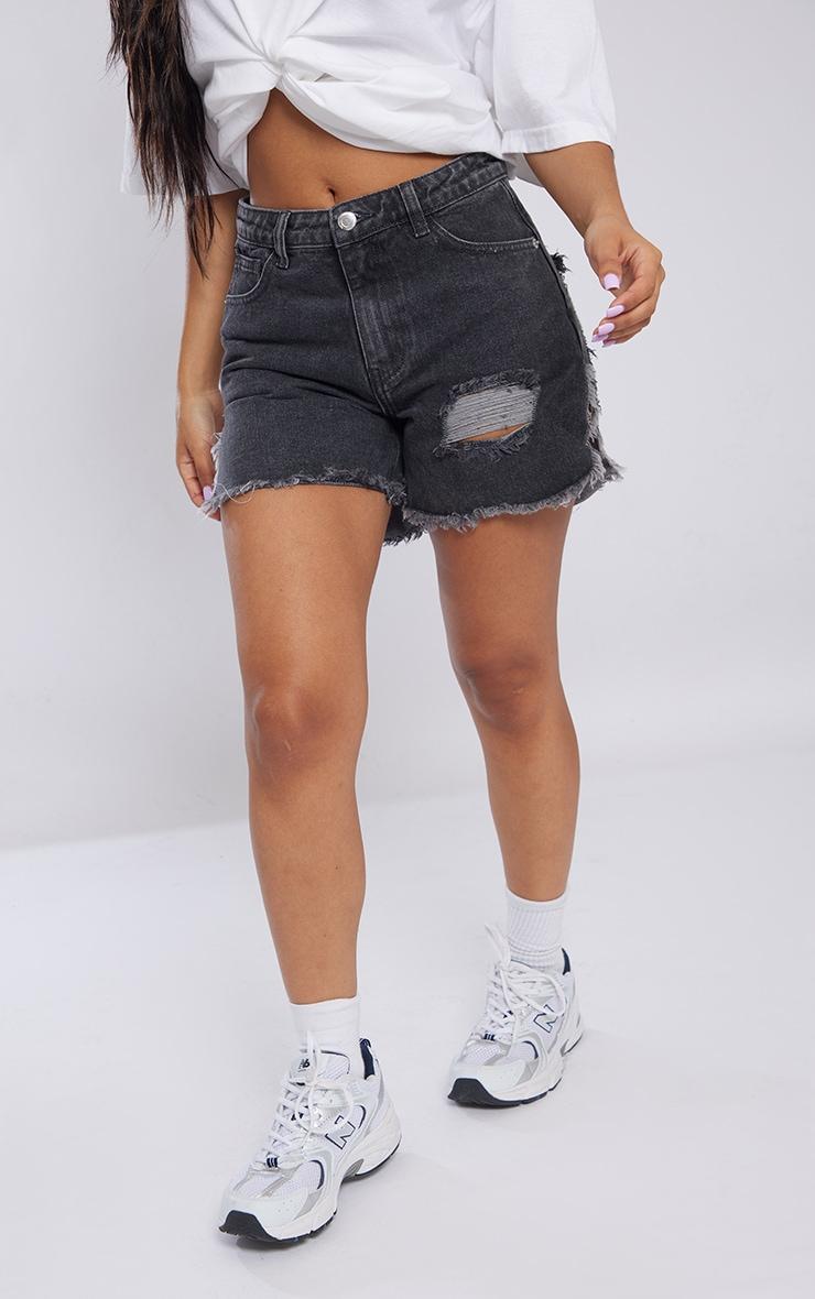 Petite Washed Black Ripped Bum Denim Shorts Product Image