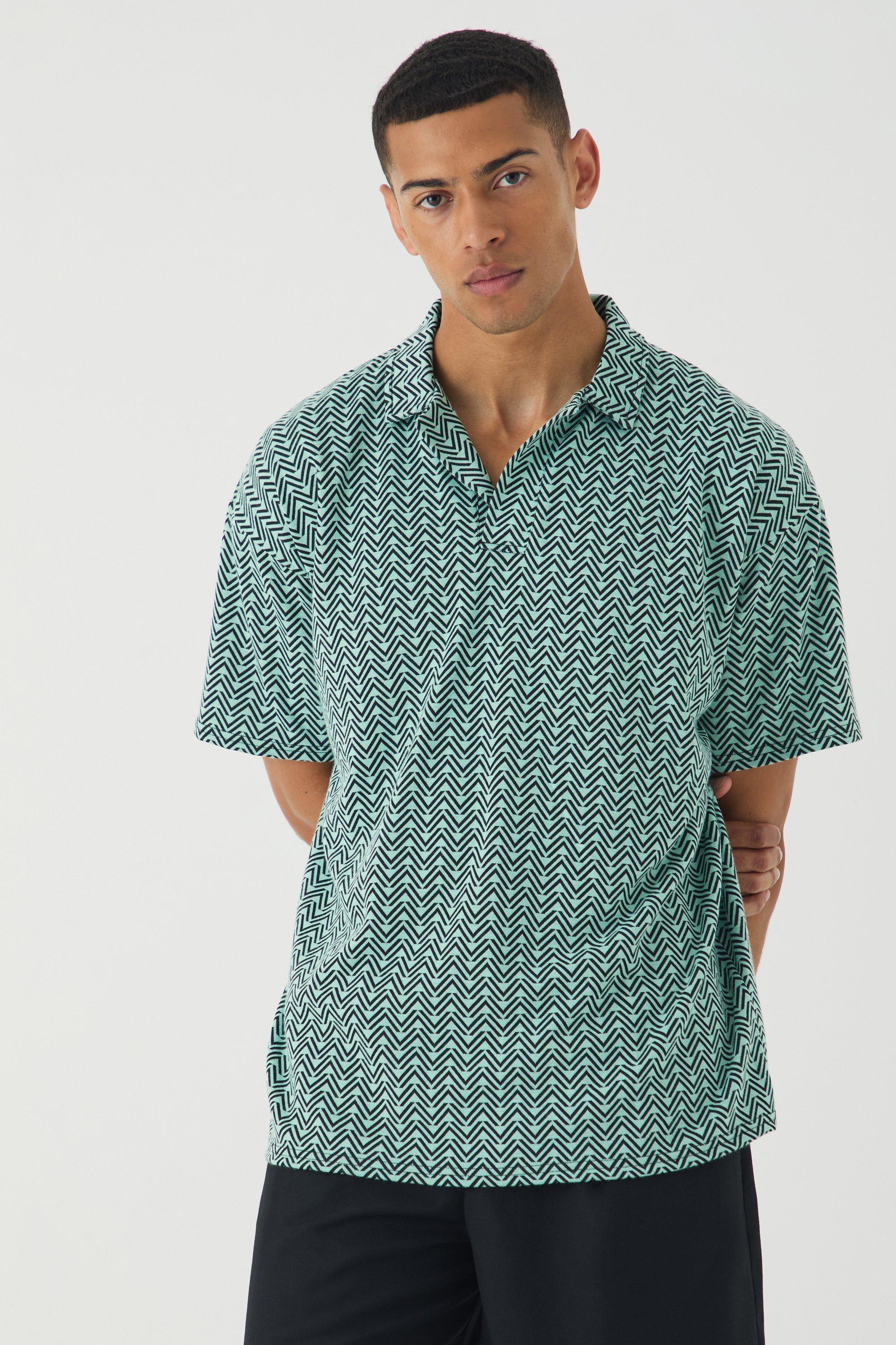 Mens Green Oversized Revere Stripe Polo, Green Product Image