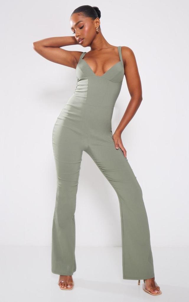 Khaki Stretch Woven Plunge Strappy Jumpsuit Product Image