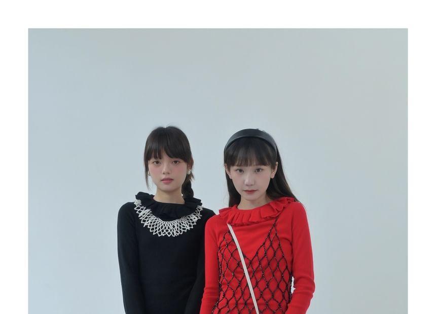 Long Sleeve Ruffle Neck Plain Ruffle Knitted Top Product Image