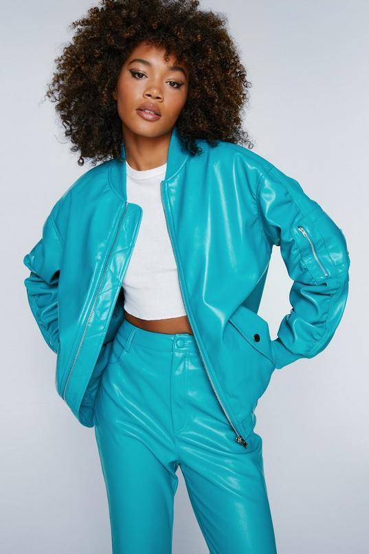 Faux Leather Ruched Sleeve Bomber Jacket Product Image