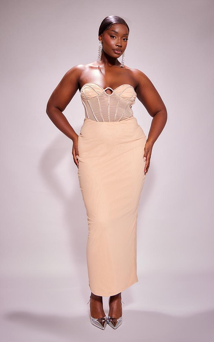 Plus Nude Diamante Corset Bandeau Maxi Dress Product Image