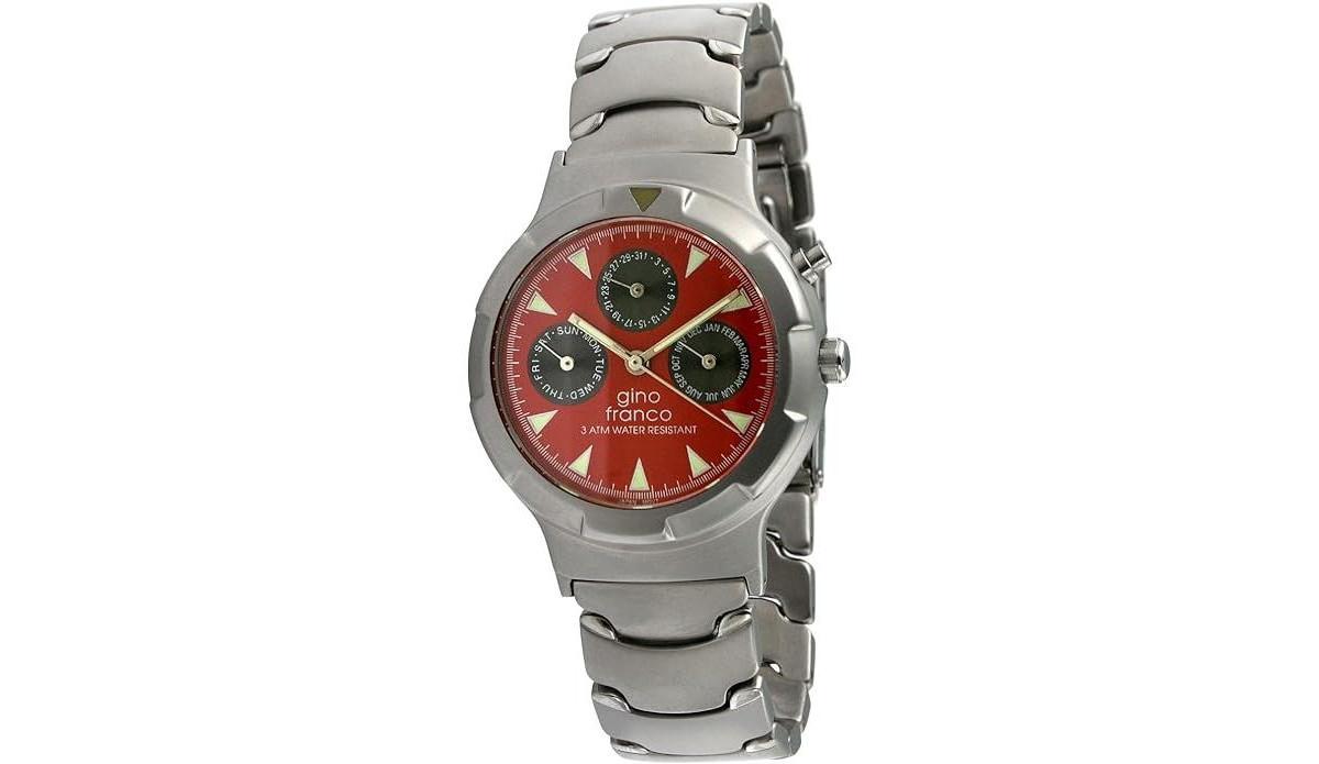 Gino Franco Mens Red Dial Round Stainless Steel Multi-Function Bracelet Watch Product Image