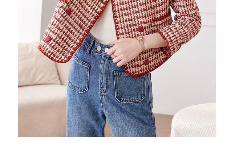 Round Neck Houndstooth Double Breasted Cropped Tweed Jacket Product Image