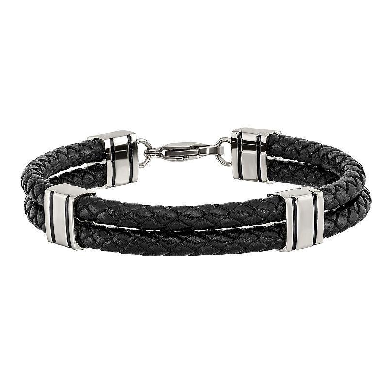 Mens Stainless Steel Double Strand Black Leather Bracelet Product Image