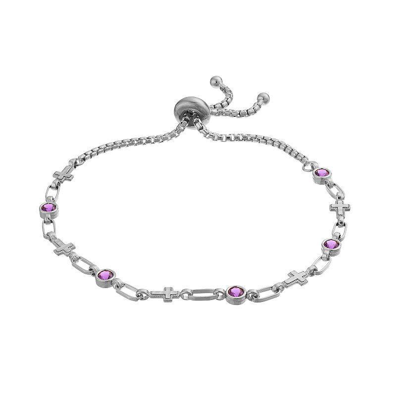 Kristen Kesho Sterling Silver Lab-Created Amethyst & Cross Link Adjustable Bolo Bracelet, Womens Product Image