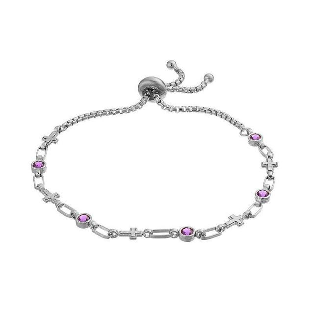 Kristen Kesho Sterling Silver Lab-Created Amethyst & Cross Link Adjustable Bolo Bracelet, Womens Grey Product Image