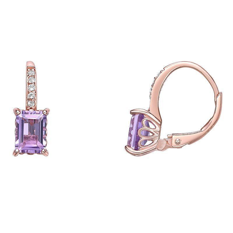 Gemminded 18k Rose Gold Over Silver Amethyst & White Topaz Leverback Earrings, Womens, Purple Product Image