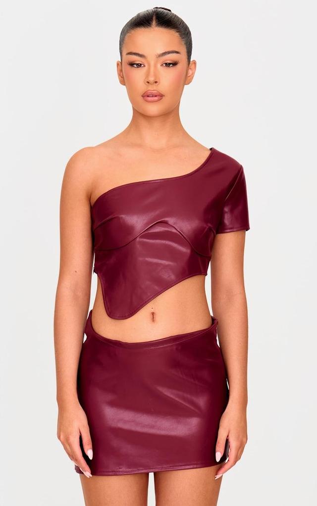 Burgundy Faux Leather One Shoulder Asymmetric Crop Top Product Image