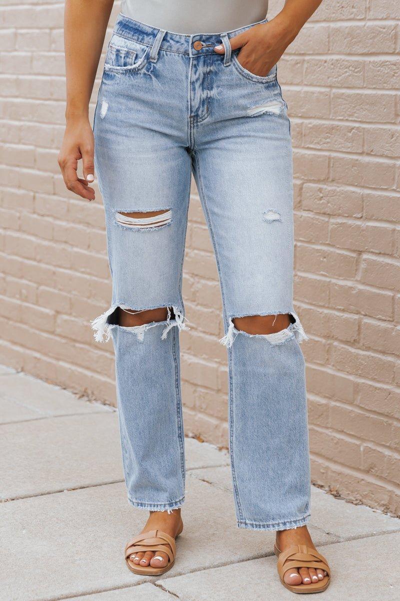 Light Wash Destroyed Straight Leg Jeans product image