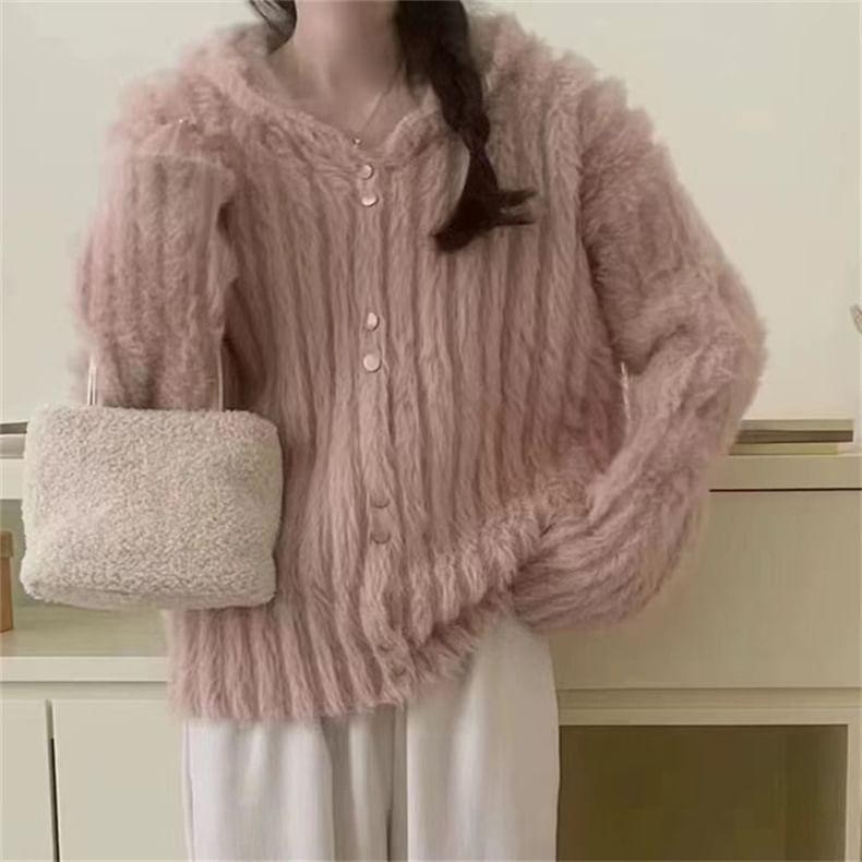 Plain Fluffy Hooded Button-Up Cardigan Product Image