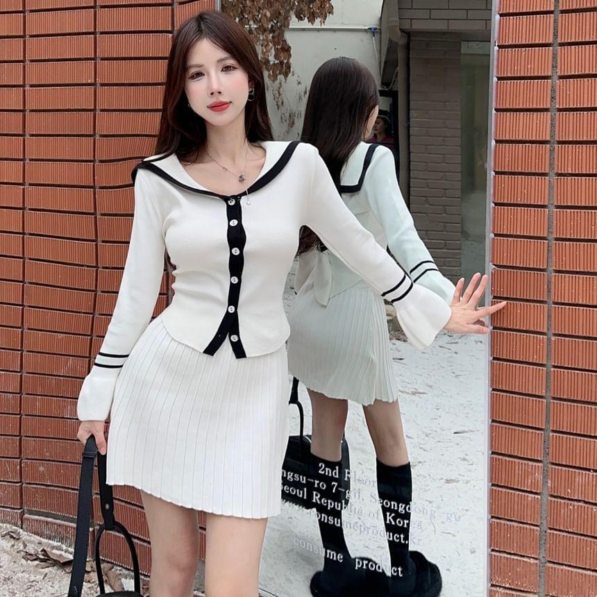 Set: Long-Sleeve Collar Two Tone Button Knit Top + Elastic Waist Mini Pencil Skirt Product Image