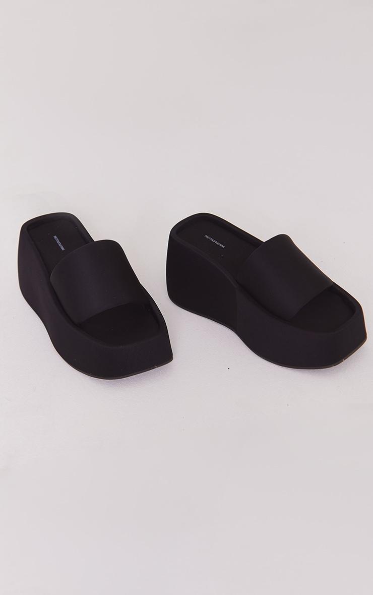 Black Stretch Chunky Platform Wedge Heel Slides Product Image