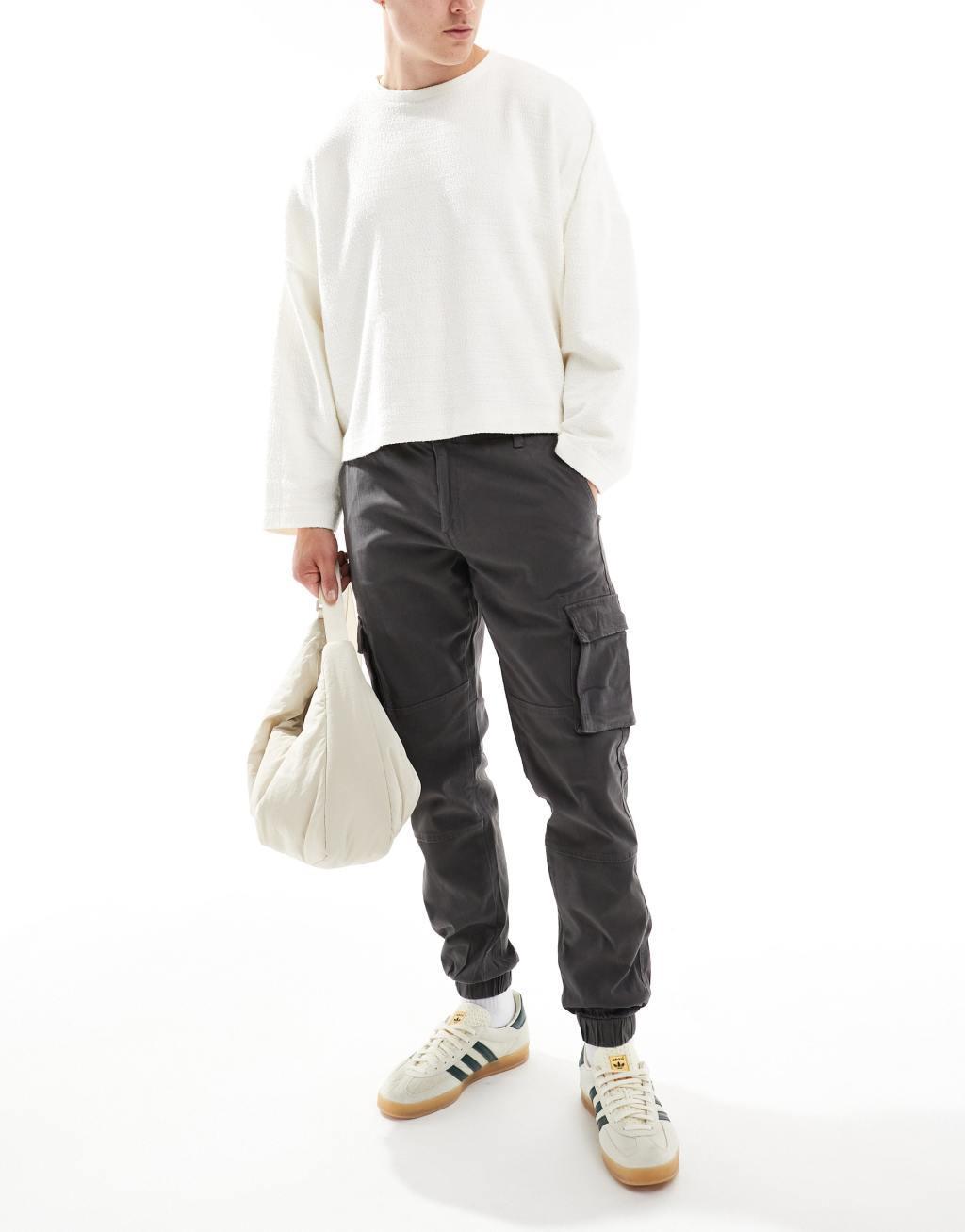 Only & Sons tapered fit cargo with cuffed bottom in gray Product Image