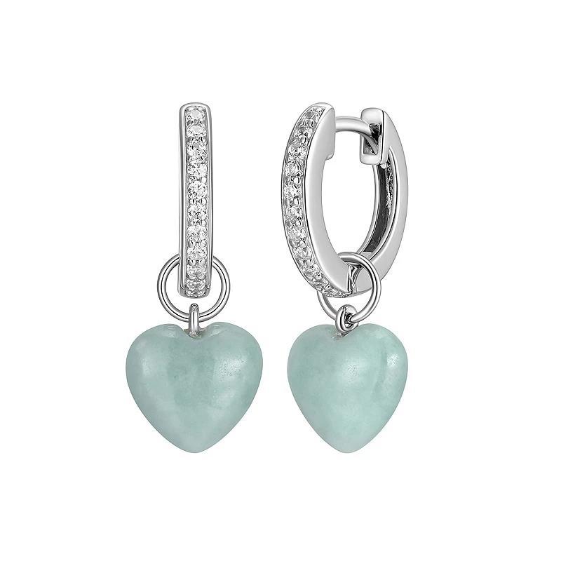 Dynasty Jade Sterling Silver Genuine Jade & Cubic Zirconia Heart Drop Hoop Earrings, Womens Product Image