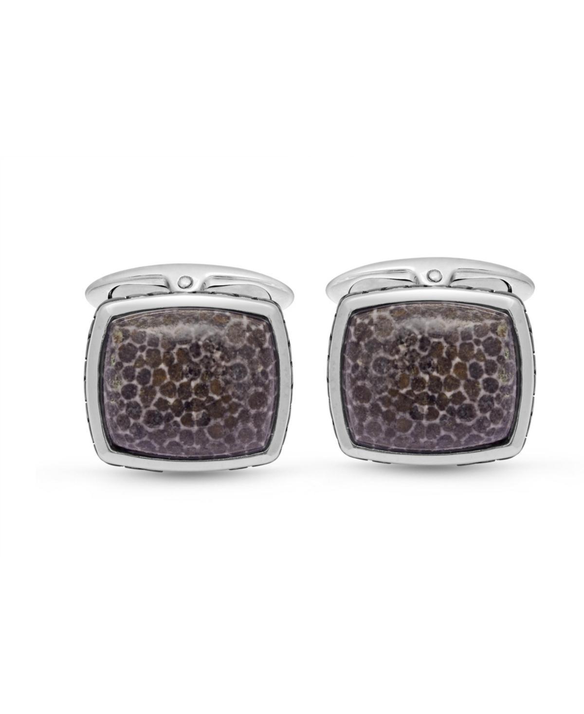 LuvMyJewelry Fossil Agate Gemstone Sterling Silver Black Rhodium Plated Men Cufflinks - White Product Image