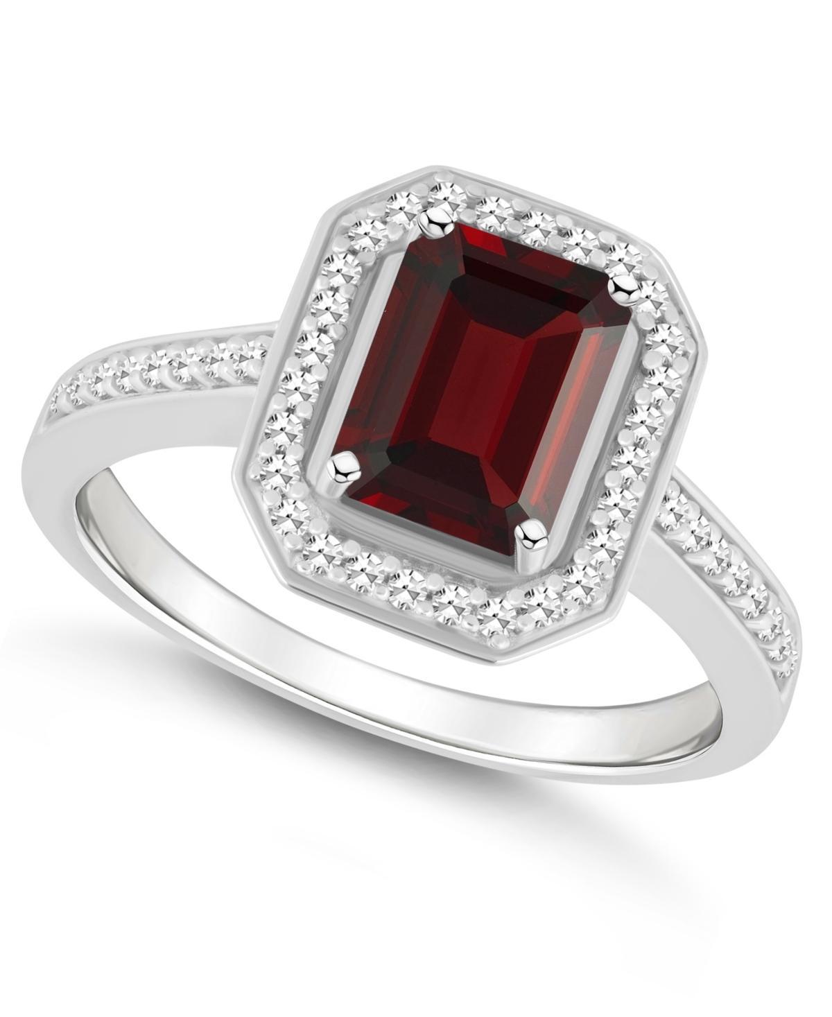 Celebration Gems Sterling Silver 8 mm x 6 mm Emerald Cut Gemstone & 1/5 Carat T.W. Diamond Halo Ring, Womens Red Product Image