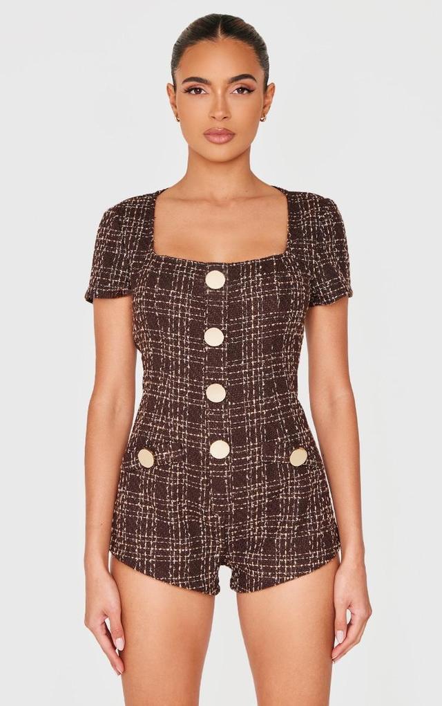 Brown Tweed Short Sleeve Button Detail Romper Product Image