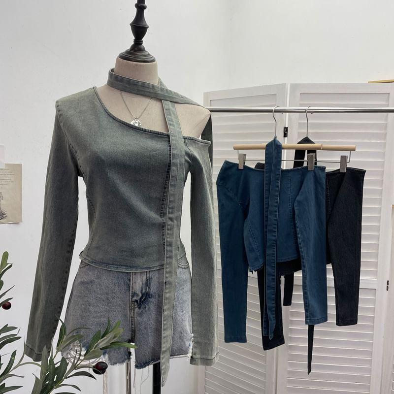 Long Sleeve Cold Shoulder Neck Tie Denim Crop Top Product Image