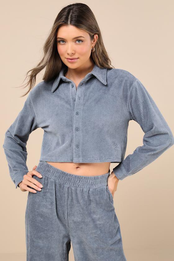 Hayter Slate Blue Corduroy Cropped Long Sleeve Button-Up Top Product Image