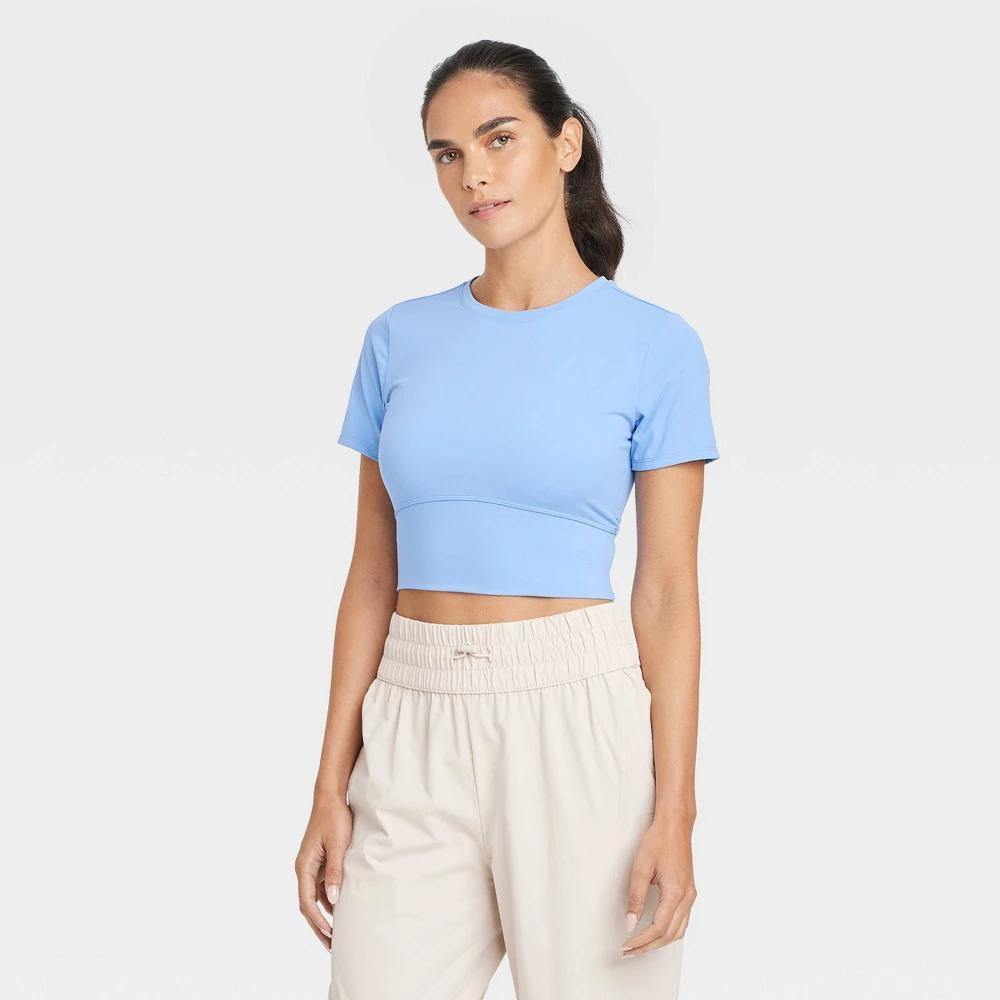 Womens Cropped Short Sleeve Shirt - JoyLab Light Blue M Product Image