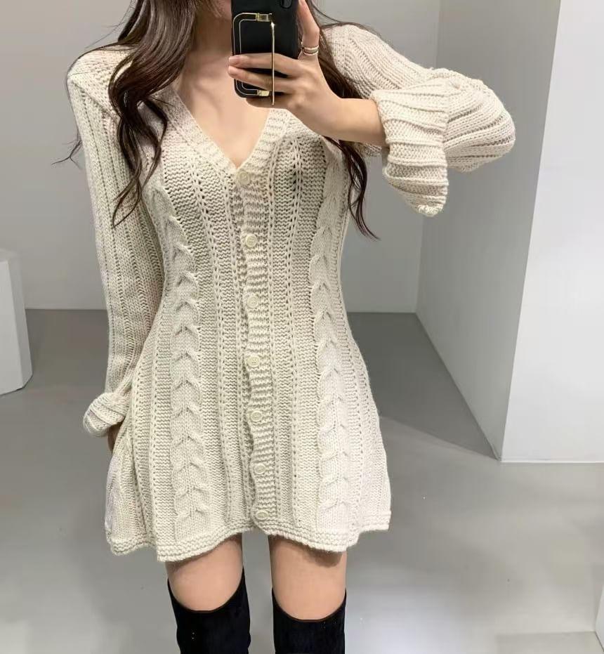 Long-Sleeve V-Neck Cable Knit Button Front Mini Sheath Knit Dress Product Image