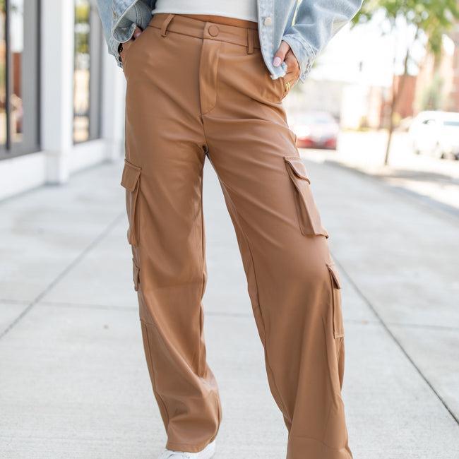 Follow My Lead Camel Faux Leather Cargo Pants FINAL SALE Product Image