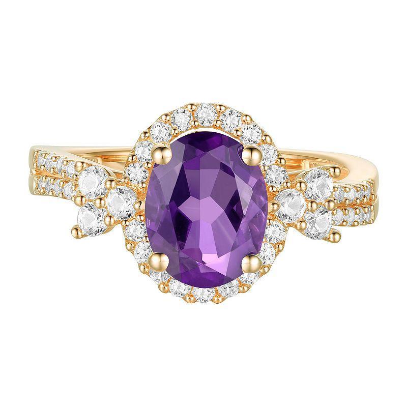 14k Gold Over Silver Amethyst & Lab-Created White Sapphire Oval Halo Ring, Womens Gold Tone Product Image