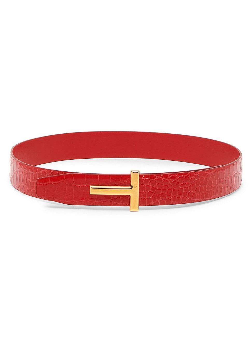 Womens T Logo Croc-Embossed Leather Reversible Belt Product Image