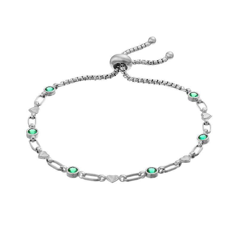 Kristen Kesho Sterling Silver Lab-Created Emerald & Heart Link Adjustable Bolo Bracelet, Womens Product Image