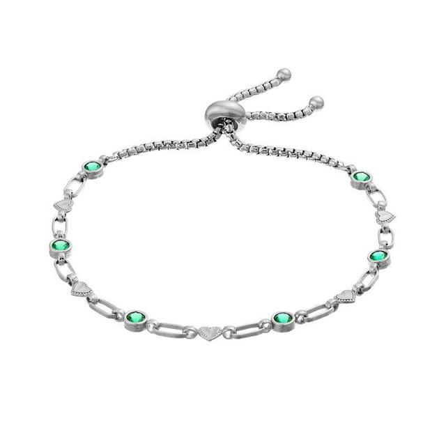 Kristen Kesho Sterling Silver Lab-Created Emerald & Heart Link Adjustable Bolo Bracelet, Womens Product Image