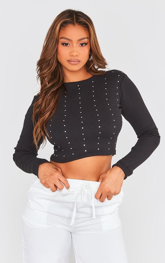 Black Diamante Long Sleeve Ribbed Crop Top Product Image