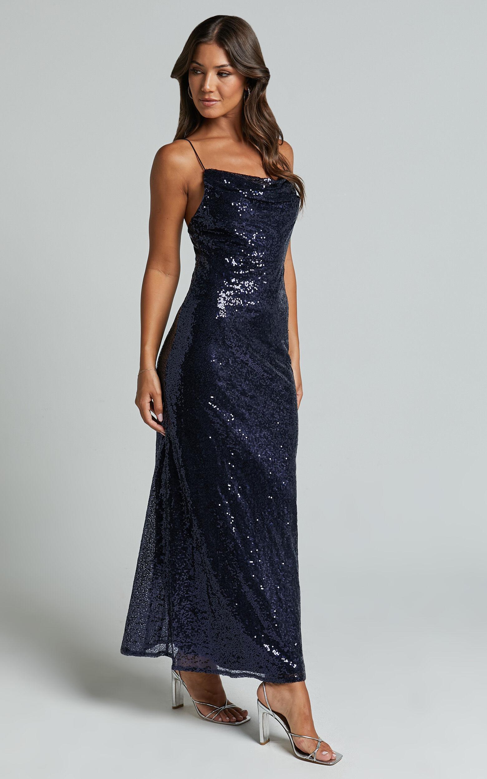 Cynthie Midi Dress - Strappy Cowl Neck Sequin Slip Dress in Navy Product Image