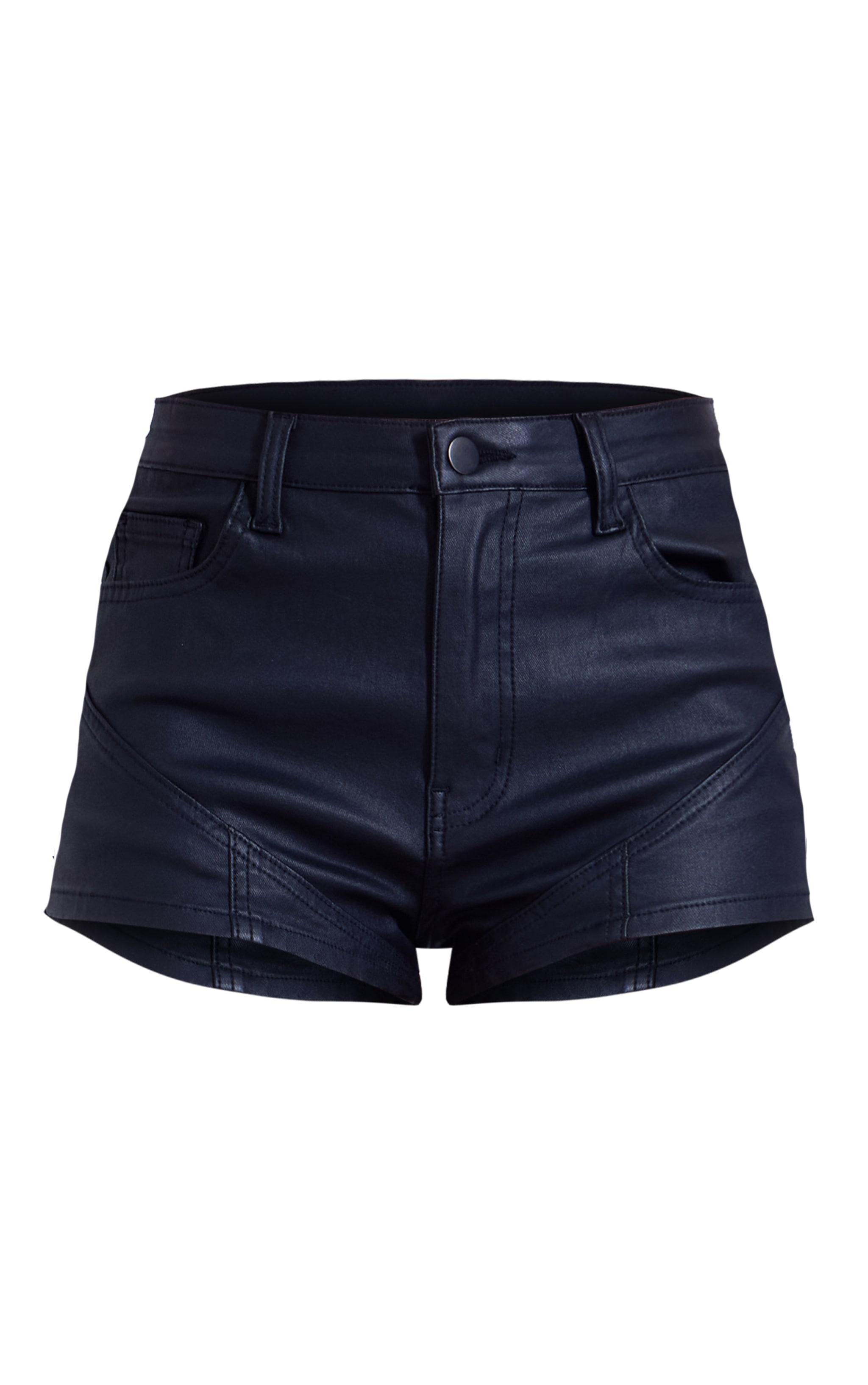 Black Coated Denim Seam Detail Hot Pant Product Image